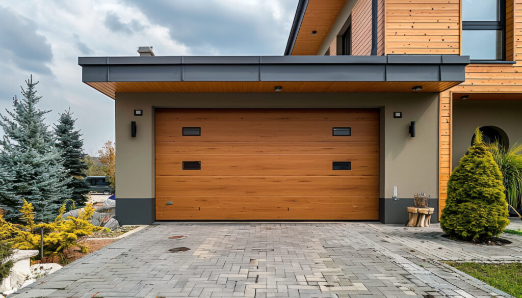 Modern wood-look garage door on Canadian home driveway