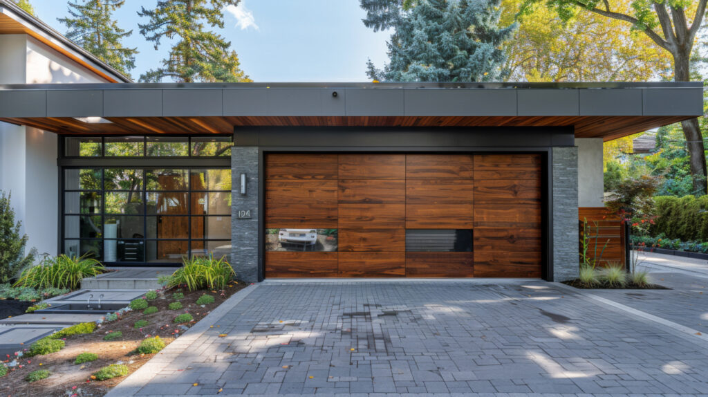 Modern wood garage door on Canadian home driveway