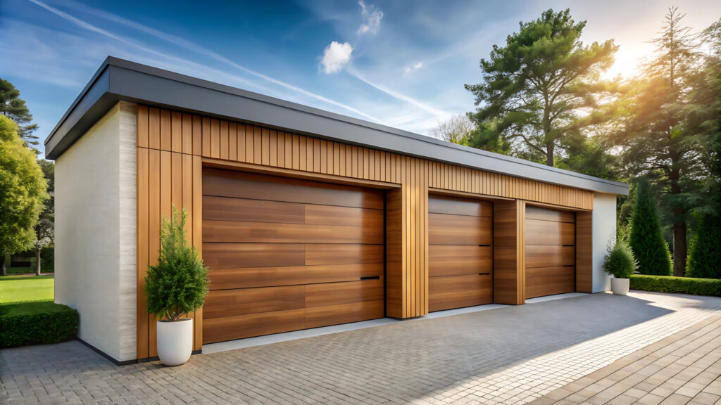 Modern wood-look garage doors on Canadian home driveway