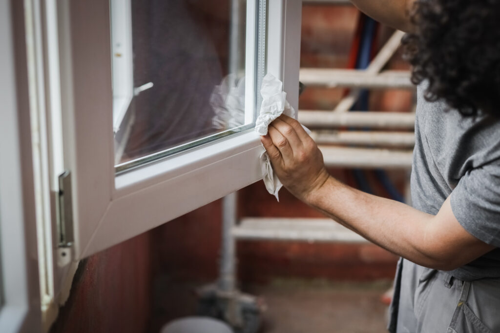 Fix Find technician cleaning new vinyl window frame
