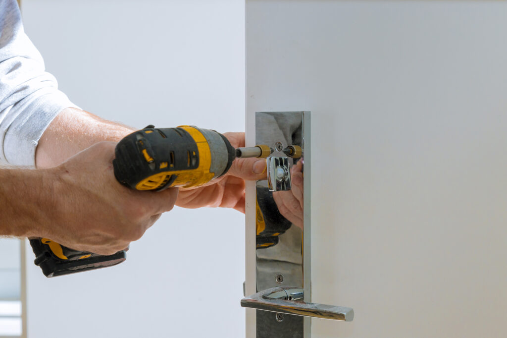 Smart lock installation on modern door for home security