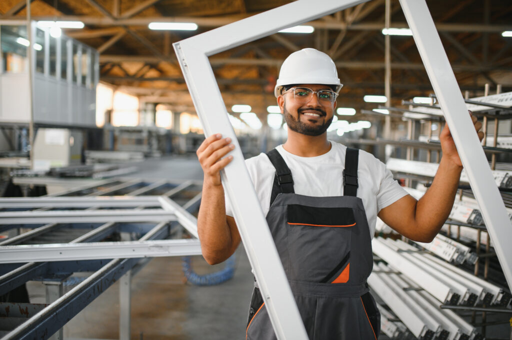 Technician with window frame for doors replacement work