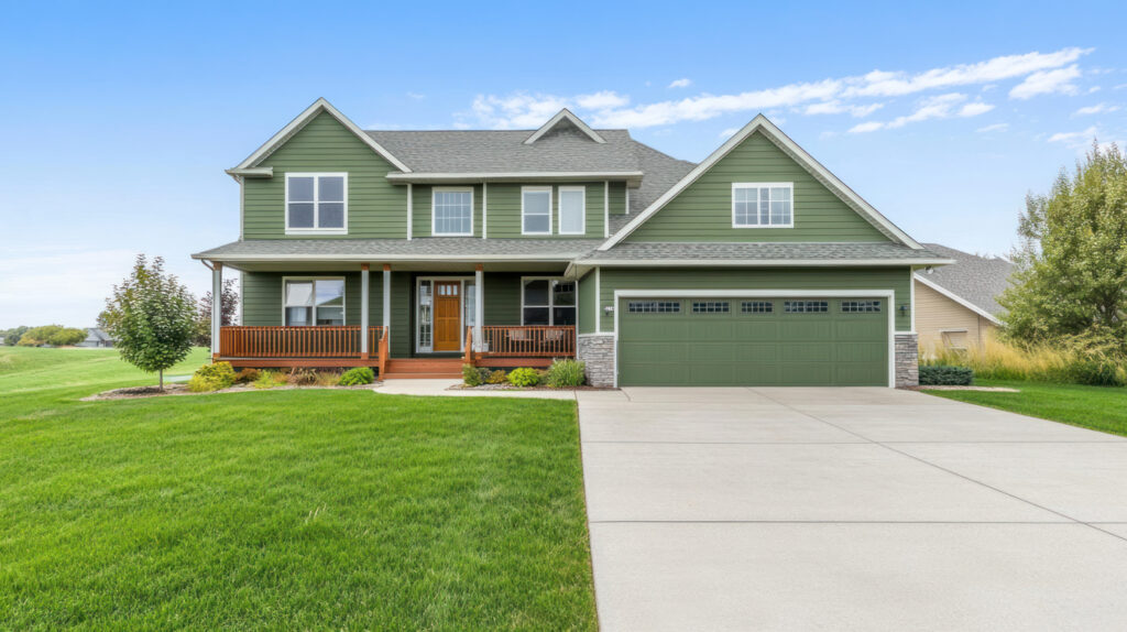 Modern residential garage door on green Canadian home