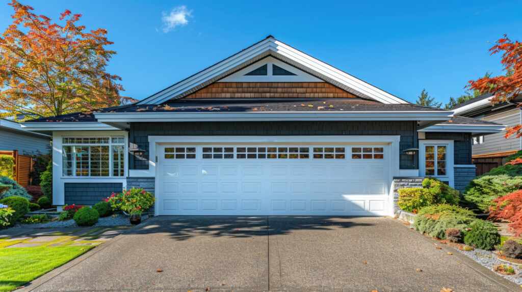 Modern white garage door on Canadian home exterior