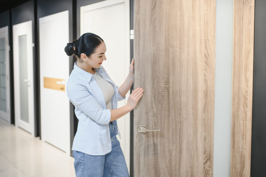 Professional examining modern wooden door