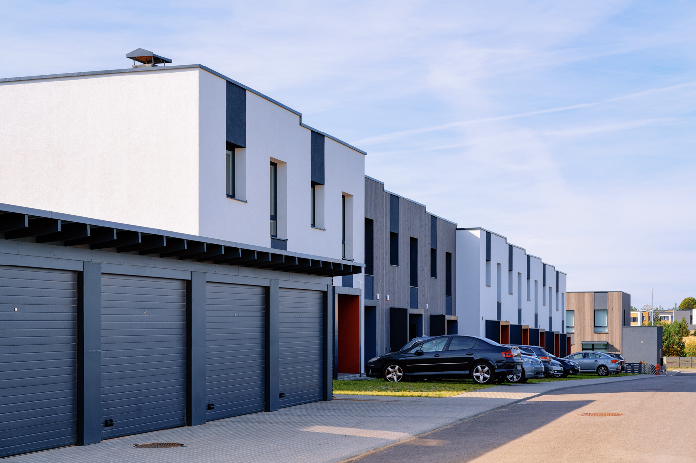 Residential garage doors in a row